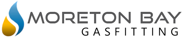 The image features a modern logo design with a stylised flame icon in blue and gold, representing gas services. The text 'Moreton Bay Gasfitting' is prominently displayed in a bold, contemporary font.
